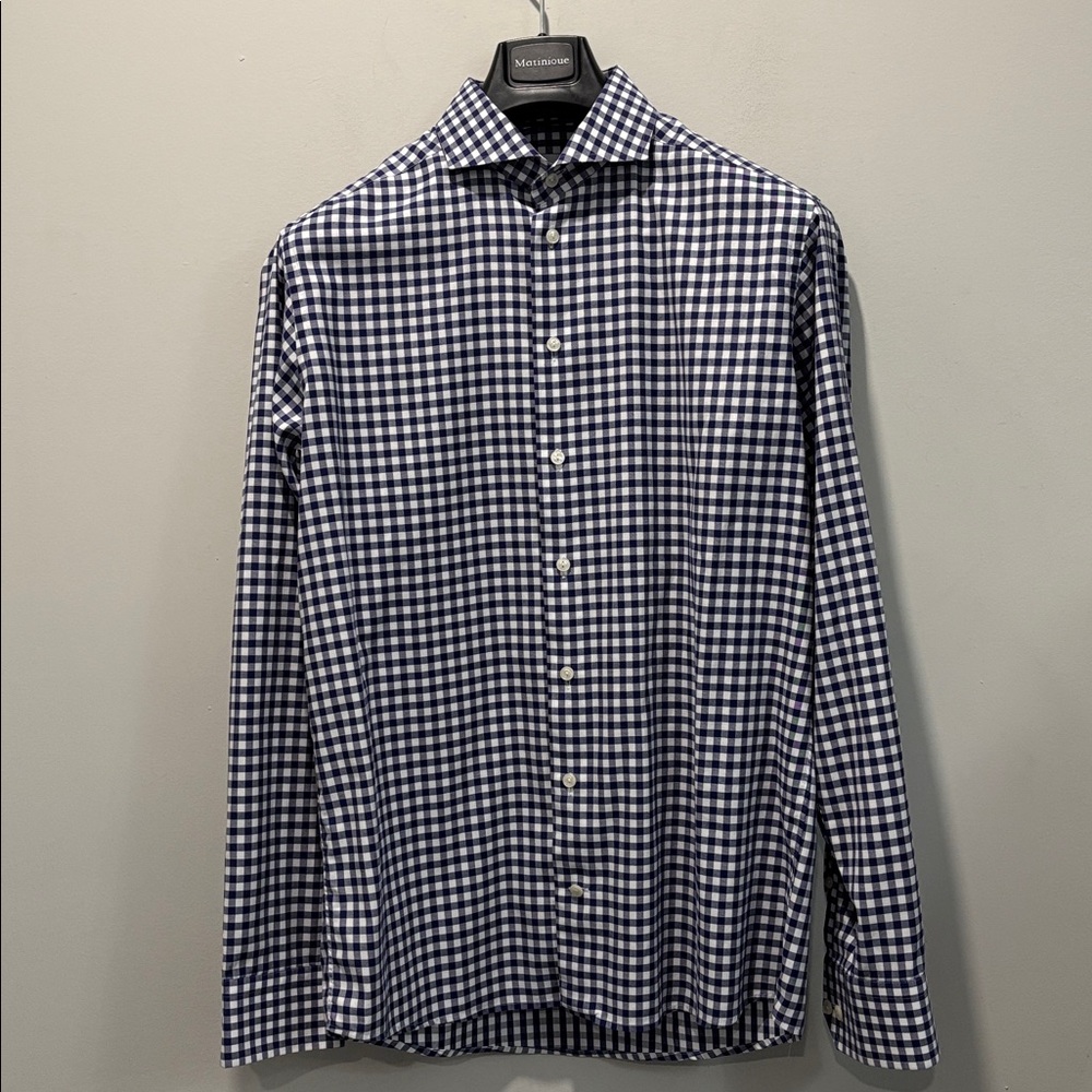 Eton Navy White Gingham Dress Shirt 16.5 Slim Fit Cotton Luxury Check - Picture 4 of 14
